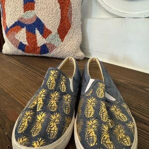 Womens Bucketfeet Pineapple Grenade Slip on Sneakers denim and gold